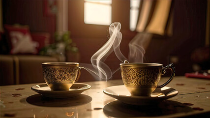 real delicious hot Arabic coffee in a beautiful modern Arabic style room, hot drink in a relaxing environment