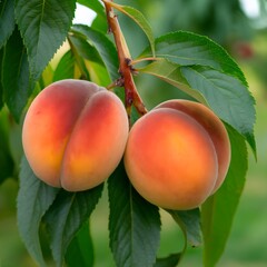 fresh ripe peaches on a tree branch surrounded by green leaves, symbolizing summer harvest, organic 