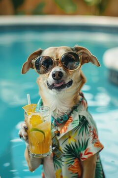 a dog wearing sunglasses and a shirt holding a drink in a pool