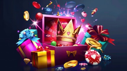 Open gift box for casino game with bonus coins, gold crowns, diamonds, and lollipops. Give away lottery present packs with bows. Generative AI