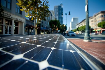Wall Mural - A solar panel captures sunlight on a city street, highlighting the versatility of solar power for urban environments