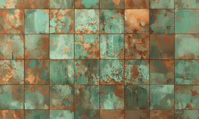 Patinned copper green tiles, gold, copper background