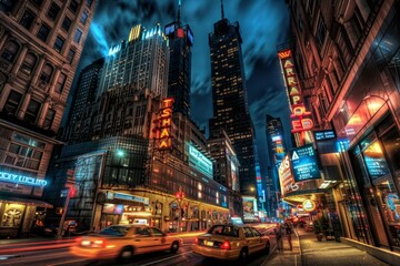 Wall Mural - A captivating photograph of the New York City skyline at night, showcasing the dazzling lights of skyscrapers and neon signs reflecting off the city streets
