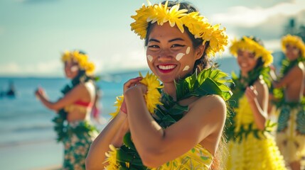 a group women in hawaiian dress dancing on the beach