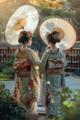 two women in traditional japanese clothing holding umbrellas