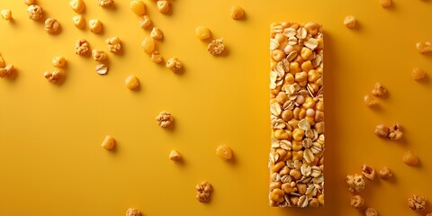 bar of cereal on a yellow background with scattered nuts around it