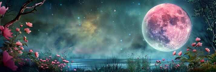 Wall Mural - painting of a full moon and a lake with flowers in the foreground and a sky with stars and clouds