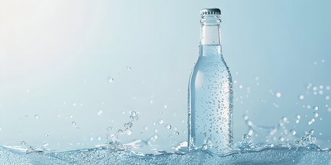 Poster - bottle of water with water splashing around it on a blue background