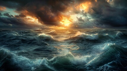 Wall Mural - Dramatic Sunset Over Rough Ocean Waves