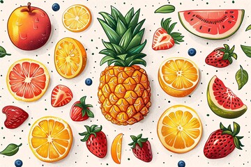 Playful fruit pattern with watermelons and citrus on light background.