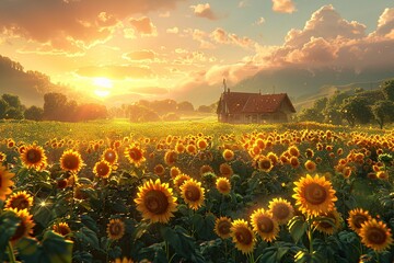 Sticker - Dawn-lit sunflower field with golden petals and soft morning sky.