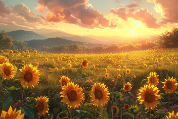 Wall Mural - Dawn in a vast sunflower field, petals glowing in golden hues.