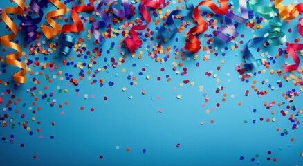 Wall Mural - Colorful Confetti and Streamers on a Blue Background