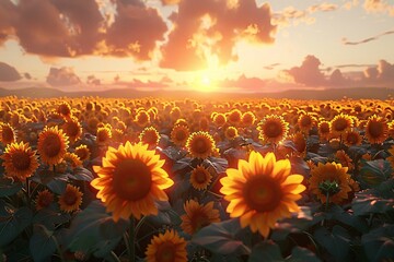 Sticker - Tall sunflowers at dawn, petals glowing in golden morning light.