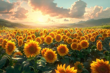 Wall Mural - Soft morning colors over a vast sunflower field at dawn.