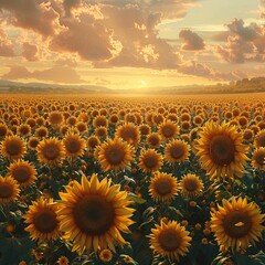 Wall Mural - Dawn over a sunflower field, petals shining in golden light.