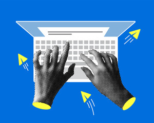 Hands on the keyboard. Modern collage with halftone hands and laptop. Person using a laptop from above. Top view. Remote work. Trendy newspaper elements. Business illustration