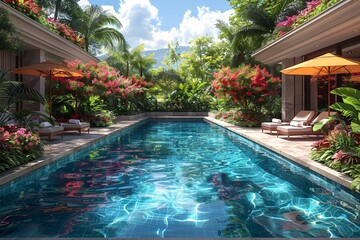 Wall Mural - Luxurious poolside with clear water and vibrant umbrellas.
