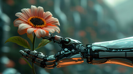 Wall Mural - Robotic hand holding flower. Generative by AI