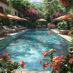 Wall Mural - Bright poolside with clear water and colorful umbrellas.