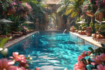 Wall Mural - Sparkling pool with sun loungers and tropical greenery.