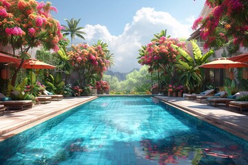 Wall Mural - Bright poolside with colorful umbrellas and lush greenery.