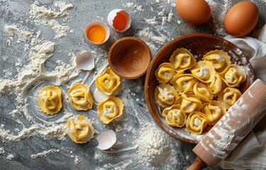 Wall Mural - Freshly Made Tortellini With Flour and Rolling Pin on a Grey Countertop