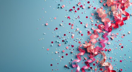 Canvas Print - Pink And Blue Confetti And Ribbon Scattered On A Blue Background