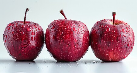 Wall Mural - Three Red Apples With Water Droplets On White Background