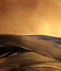 Wall Mural - Black, Gold glitter ink smear brushstroke Wave blot glow texture painting background.