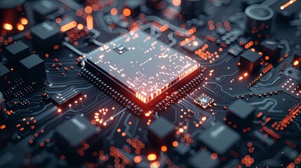 Aufkleber - Closeup of a modern microprocessor or chip on a motherboard, surrounded by digital data streams and glowing light effects, symbolizing the processing power of AI. Generative AI