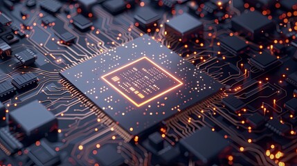 an ultra-modern microprocessor, surrounded by intricate digital data streams and glowing light effec