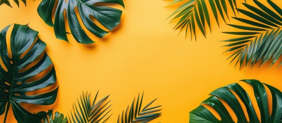 Poster - Vibrant summer vibes: Tropical palm leaves set against a sunny yellow backdrop, perfect for a laid-back flat lay with top view and room for text.