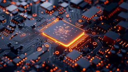 Fototapete - Close-up of a modern microprocessor on a motherboard, surrounded by digital data streams and glowing lights symbolizing AIs power. Generative AI