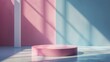 © JP STUDIO LAB - Empty pastel pink and blue room with gentle sunlight shadow, abstract minimalistic design for product display, soft light highlighting a podium