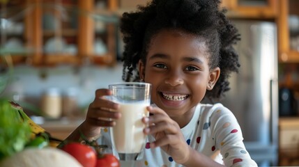 Poster - Smiling child holding a glass of milk in a cozy kitchen. Joyful young boy enjoying a healthy drink. This image can be used for nutrition and family lifestyle content. Natural and warm style. AI