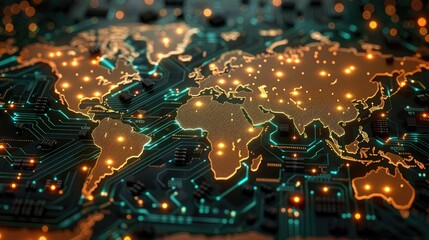 Leinwandbilder - World map digital tech circuit board background