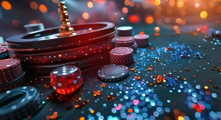 Wall Mural - Abstract background with elements of a casino, featuring a roulette wheel, dice, and chips in blue tones with copy space.
