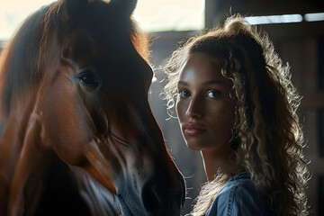 Wall Mural - A multiracial woman standing next to a horse in a barn, both looking towards the camera