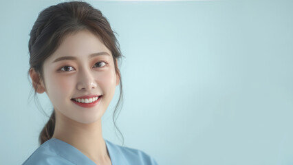 Asian dental hygienist smiling in light blue uniform with light blue background, close-up portrait