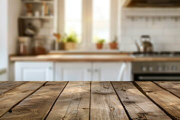 Wall Mural - Grunge natural wooden table top with copy space for product advertising over blurred kitchen interior background at home