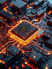 Fototapete - A close-up shot of a modern microprocessor or chip, illuminated by glowing data streams, set against a black motherboard background. Generative AI