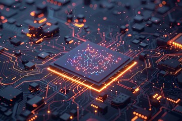 Fototapete - A close-up view of a modern microprocessor, surrounded by intricate digital data streams and glowing light effects. Generative AI