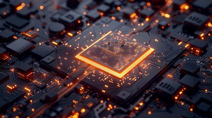 Fototapete - Close-up of a modern microchip on a motherboard, surrounded by digital data streams & glowing lights, symbolizing the processing power of AI. Generative AI
