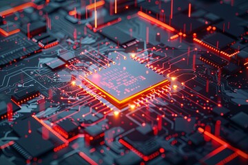 Fototapete - Close-up of a modern microprocessor, glowing with light effects, amidst intricate digital data streams on a motherboard, symbolizing the power of AI. Generative AI