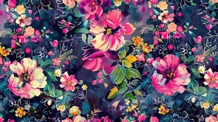 Wall Mural - Beautiful Flowers in Digital Print Textile Design with Hand Drawn Motifs