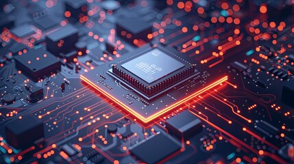 Fototapete - A close-up of a modern microprocessor or chip on a motherboard, surrounded by intricate digital data streams and glowing light effects, symbolizing the processing power of AI. Generative AI