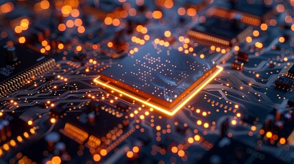 Leinwandbilder - An advanced microprocessor on a motherboard, surrounded by digital data streams and glowing light effects, symbolizes the processing power of AI. Generative AI
