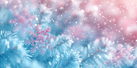 Abstract Christmas background of pink and blue snowflakes on a pastel background with falling snow. Winter holiday concept. Design for wallpapers, posters, greeting cards, invitations, postcards.