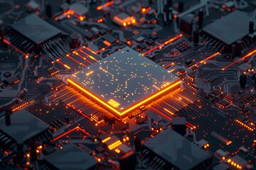 Leinwandbilder - A close-up view of a powerful microprocessor on a motherboard, surrounded by glowing digital data streams, symbolizing the processing power of artificial intelligence. Generative AI